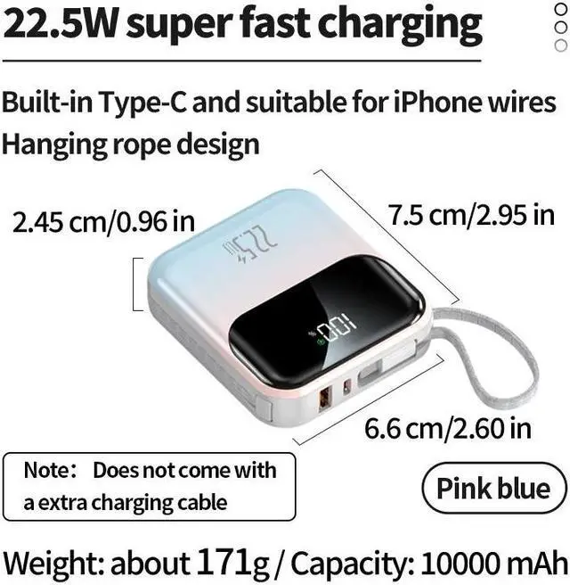Alt view image 2 of 7 - 20000mAh compact portable power bank, 22.5W super fast charging, with built-in charging cable