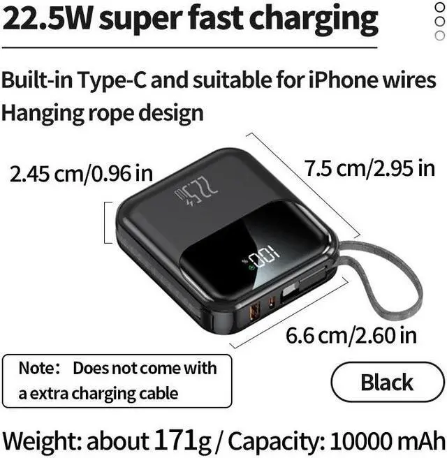 Alt view image 7 of 7 - 20000mAh compact portable power bank, 22.5W super fast charging, with built-in charging cable