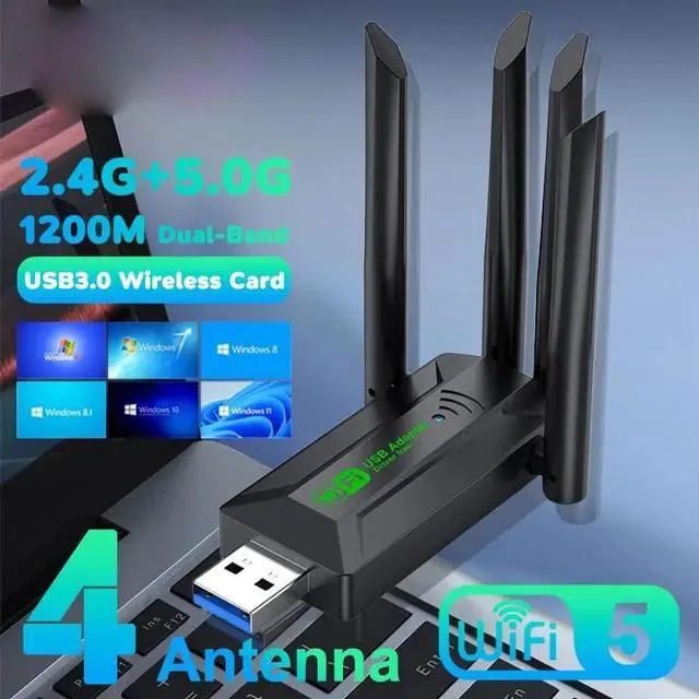 Alt view image 4 of 6 - Original 4 Antennas 1200Mbps WiFi USB 3.0 Adapter 2.4G/5GHZ Dual Band WiFi Dongle Wireless Network Card 802.11AC For Win 10/11