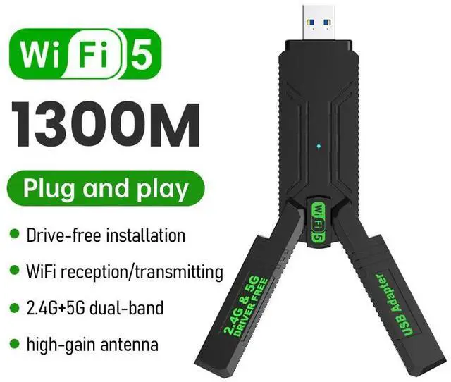 Alt view image 2 of 7 - 4 Antenna WiFi USB Adapter Dual Band 2.4G+5Ghz 1300Mbps Wi-Fi Dongle USB3.0 High-Speed Wireless Card Receiver For PC/Laptop Win