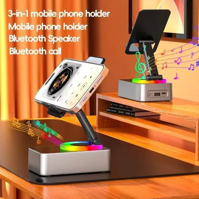 Alt view image 3 of 6 - 2025 New Three-in-one mobile phone holder Bluetooth speaker charging treasure call speaker multi-function colored light foldable desktop