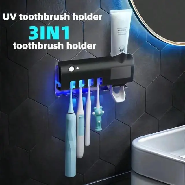 Alt view image 2 of 6 - Upgraded 3-in-1 Electric Blue Light Disinfection Toothbrush Holder with Toothpaste Dispenser, Wall-Mounted No-Drill USB Charging