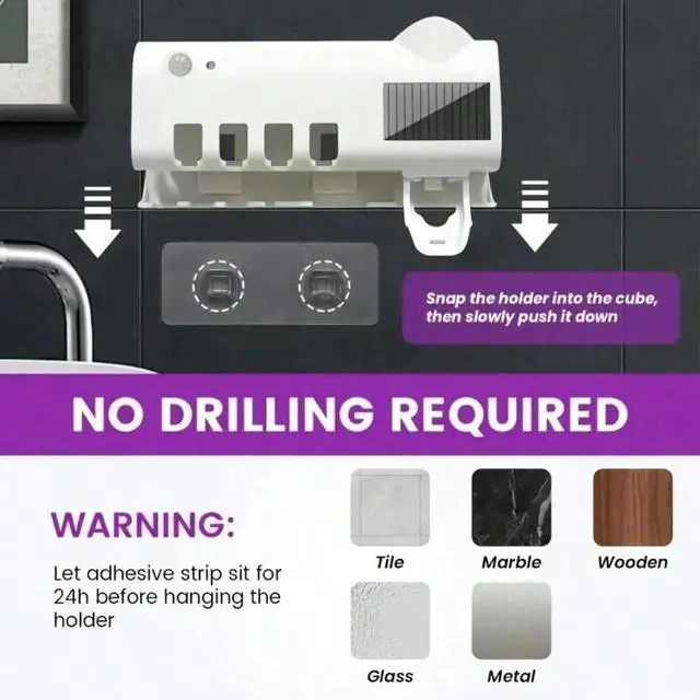 Alt view image 4 of 6 - Upgraded 3-in-1 Electric Blue Light Disinfection Toothbrush Holder with Toothpaste Dispenser, Wall-Mounted No-Drill USB Charging