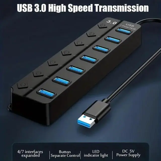 Alt view image 4 of 7 - Aessdcan 2pc 7-Port USB 3.0 HUB Splitter With LED Power Indicator And Switch (30CM Cable)-USB 3.0 4 Ports USB 3.0 7 Ports