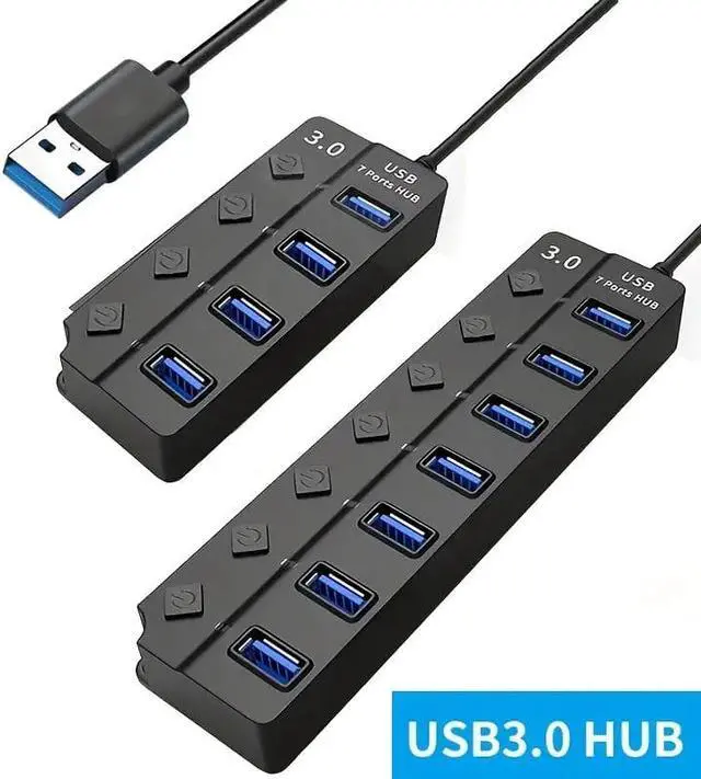 Alt view image 3 of 7 - Aessdcan 2pc 7-Port USB 3.0 HUB Splitter With LED Power Indicator And Switch (30CM Cable)-USB 3.0 4 Ports USB 3.0 7 Ports