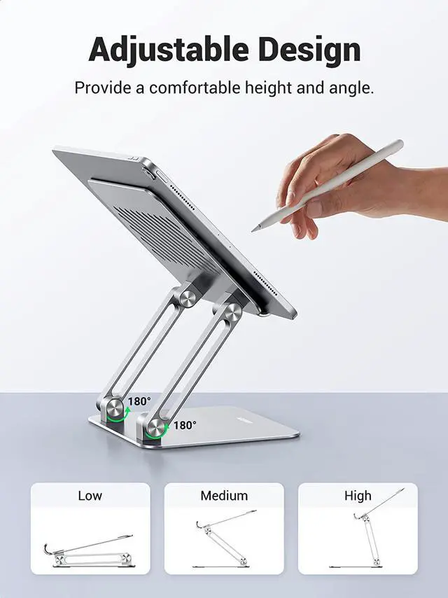 Alt view image 2 of 6 - UGREEN Tablet Stand Holder for Desk Dual Rod Support Aluminum Desktop Tablet Holder Adjustable Foldable Dock Multi-Angle Riser Compatible with ipad pro 12.9, 9.7, 10.5, ipad air Mini 4 3 2 Silver