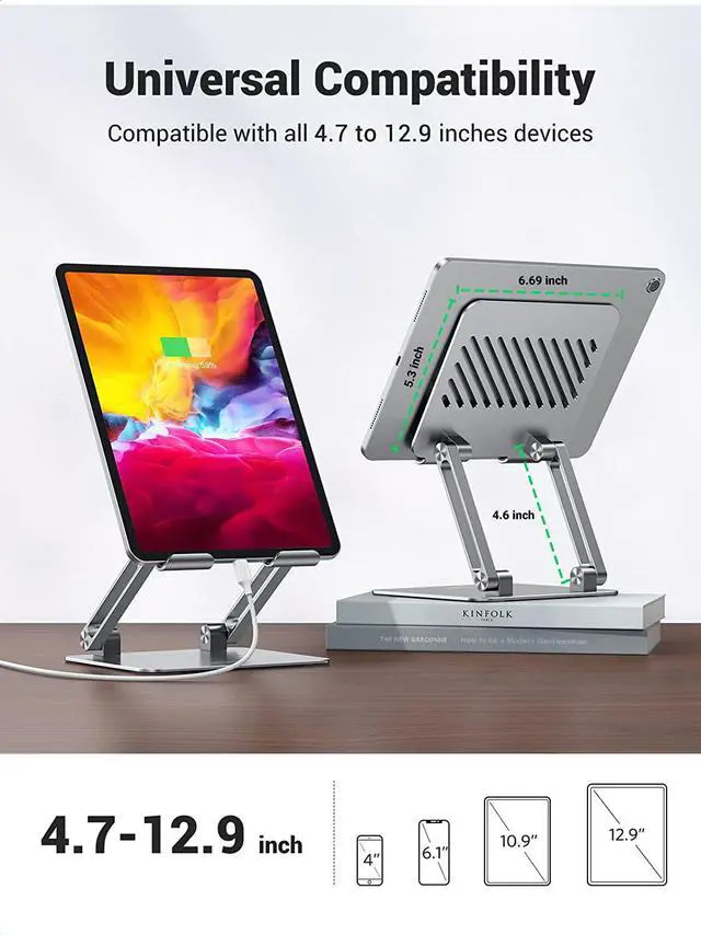 Alt view image 5 of 6 - UGREEN Tablet Stand Holder for Desk Dual Rod Support Aluminum Desktop Tablet Holder Adjustable Foldable Dock Multi-Angle Riser Compatible with ipad pro 12.9, 9.7, 10.5, ipad air Mini 4 3 2 Silver
