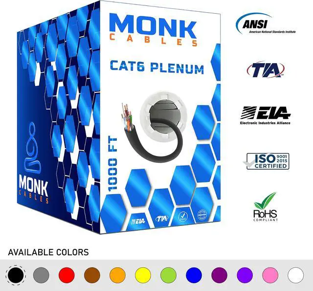 Main image of Monk Cable CAT6 Plenum Cable | Solid Internet Wire | CMP Plenum Rated | 23AWG 550MHz UTP | Network Ethernet Cable Bulk Blue 985ft Black