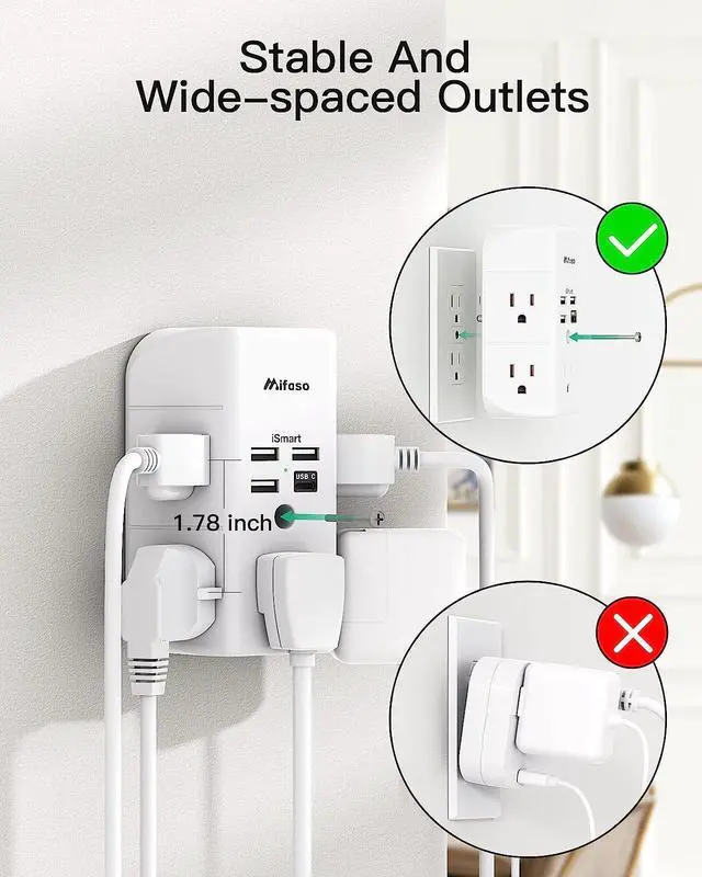 Alt view image 4 of 7 - Mifaso 9 IN 1 Wall Outlet Extender with USB Ports Outlet Splitter Surge Protector USB Wall Charger with 5 Outlet Extender and 3 USB Ports 1 USB C Outlet 3-Sided Power Strip Multi Plug Outlets