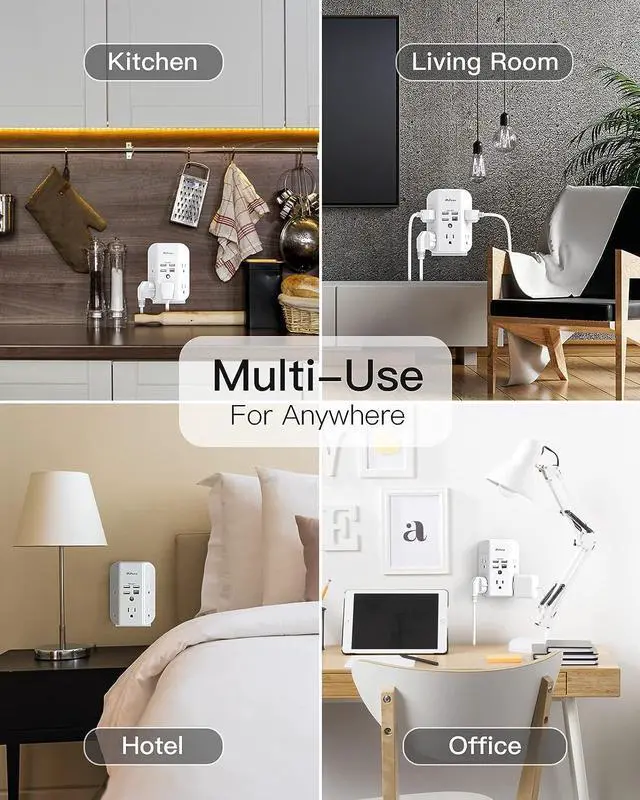 Alt view image 6 of 7 - Mifaso 9 IN 1 Wall Outlet Extender with USB Ports Outlet Splitter Surge Protector USB Wall Charger with 5 Outlet Extender and 3 USB Ports 1 USB C Outlet 3-Sided Power Strip Multi Plug Outlets
