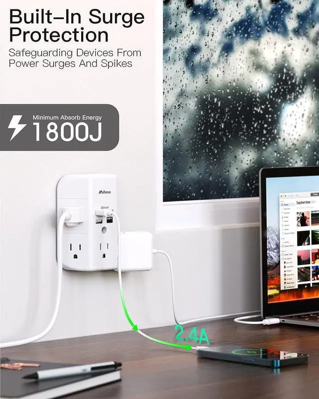 Alt view image 3 of 7 - Mifaso 9 IN 1 Wall Outlet Extender with USB Ports Outlet Splitter Surge Protector USB Wall Charger with 5 Outlet Extender and 3 USB Ports 1 USB C Outlet 3-Sided Power Strip Multi Plug Outlets