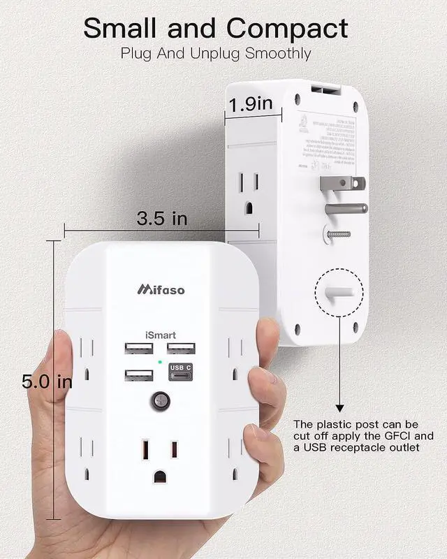 Alt view image 5 of 7 - Mifaso 9 IN 1 Wall Outlet Extender with USB Ports Outlet Splitter Surge Protector USB Wall Charger with 5 Outlet Extender and 3 USB Ports 1 USB C Outlet 3-Sided Power Strip Multi Plug Outlets