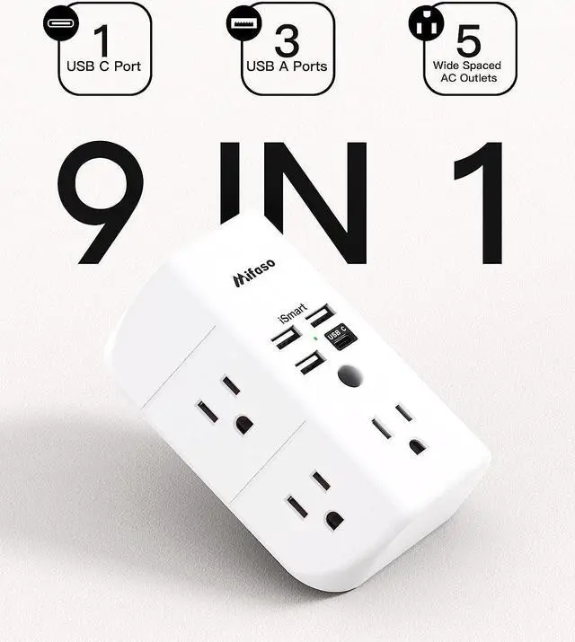 Alt view image 2 of 7 - Mifaso 9 IN 1 Wall Outlet Extender with USB Ports Outlet Splitter Surge Protector USB Wall Charger with 5 Outlet Extender and 3 USB Ports 1 USB C Outlet 3-Sided Power Strip Multi Plug Outlets