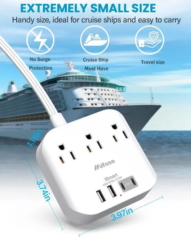 Alt view image 4 of 6 - Mifaso Flat Extension Cord, 5ft Ultra Flat Plug Power Strip - 3 Outlets 4 USB Ports (2 USB C) Desk Charging Station Power Strip with No Surge Protection for Cruise Ship, Travel, Dorm Room Essentials