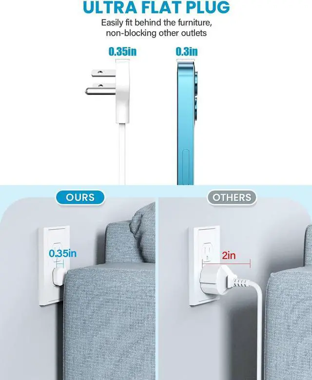 Alt view image 3 of 6 - Mifaso Flat Extension Cord, 5ft Ultra Flat Plug Power Strip - 3 Outlets 4 USB Ports (2 USB C) Desk Charging Station Power Strip with No Surge Protection for Cruise Ship, Travel, Dorm Room Essentials