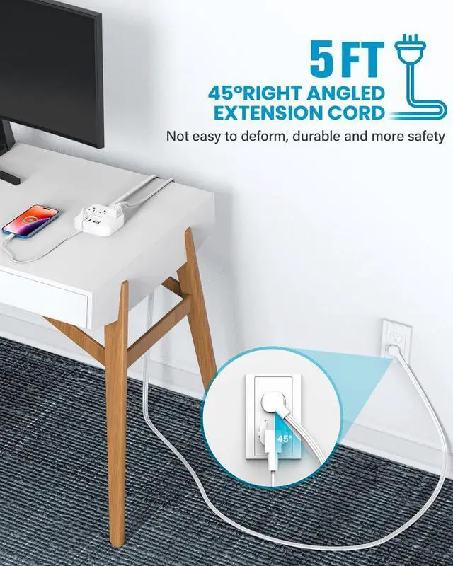 Alt view image 5 of 6 - Mifaso Flat Extension Cord, 5ft Ultra Flat Plug Power Strip - 3 Outlets 4 USB Ports (2 USB C) Desk Charging Station Power Strip with No Surge Protection for Cruise Ship, Travel, Dorm Room Essentials