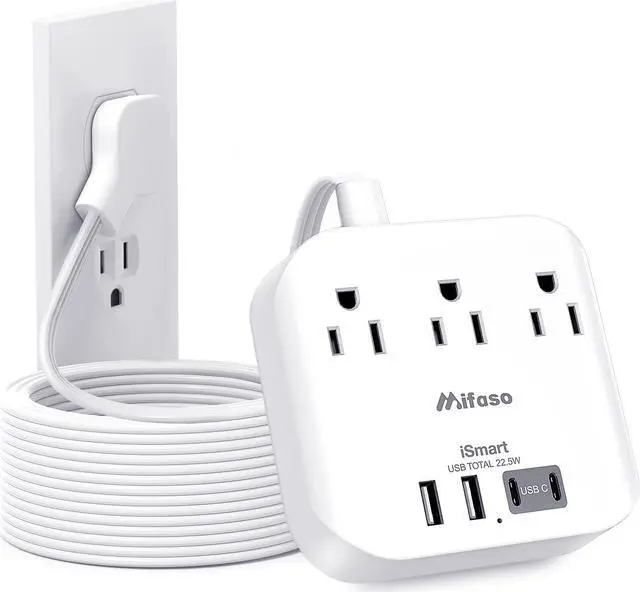 Main image of Mifaso Flat Extension Cord, 5ft Ultra Flat Plug Power Strip - 3 Outlets 4 USB Ports (2 USB C) Desk Charging Station Power Strip with No Surge Protection for Cruise Ship, Travel, Dorm Room Essentials
