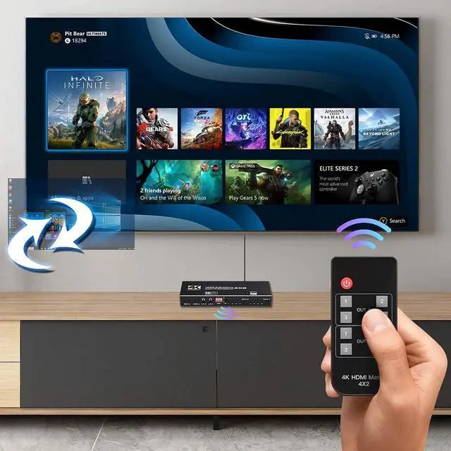 Alt view image 6 of 7 - 4K HDMI Matrix Switch 4x2, Video Switcher Splitter 4 in 2 Out, Optical and LR Audio Output with IR Remote Controller, Support 4K@60Hz 3D 18.5Gbps x 3 Data Rate, HDMI 2.0b, HDCP 2.2