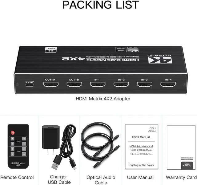 Alt view image 7 of 7 - 4K HDMI Matrix Switch 4x2, Video Switcher Splitter 4 in 2 Out, Optical and LR Audio Output with IR Remote Controller, Support 4K@60Hz 3D 18.5Gbps x 3 Data Rate, HDMI 2.0b, HDCP 2.2