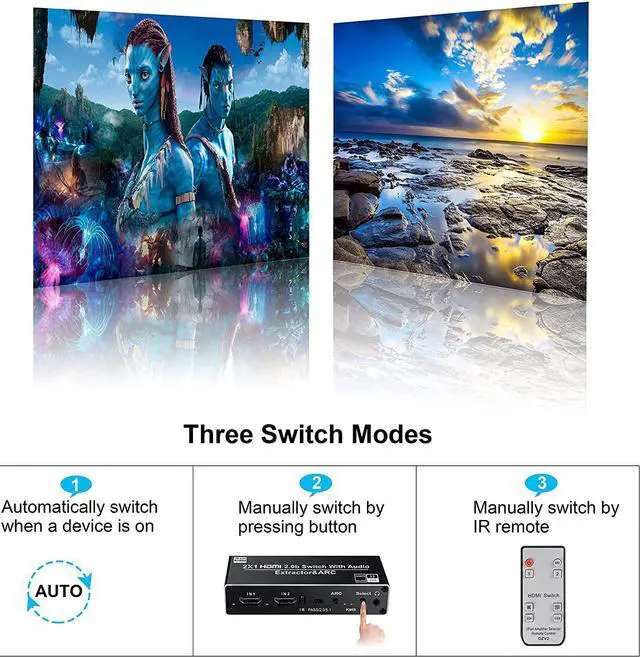Alt view image 3 of 7 - HDMI Switch Audio Extractor, HDMI Switch Splitter 2 Inputs 1 Output with Remote 4K@60hz, 2-Port HDMI2.0b Switcher Box with Optical Toslink SPDIF+Coaxial+Analog RCA Stereo Audio Out