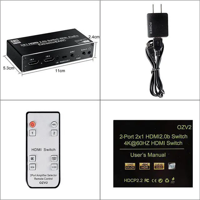 Alt view image 7 of 7 - HDMI Switch Audio Extractor, HDMI Switch Splitter 2 Inputs 1 Output with Remote 4K@60hz, 2-Port HDMI2.0b Switcher Box with Optical Toslink SPDIF+Coaxial+Analog RCA Stereo Audio Out