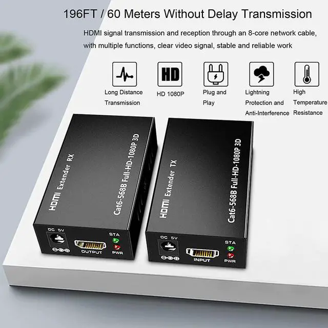 Alt view image 5 of 7 - HDMI Extender 196ft/60m Over LAN Single CAT5e/CAT6A/CAT7,HDMI to RJ45 Network Adapter,RJ45 to HDMI Uncompressed 1080P@60Hz,Direct 1 to 1 Extender,Network LAN,Network Extension