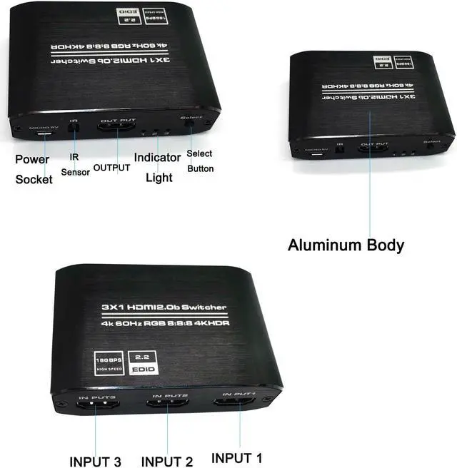 Alt view image 7 of 7 - HDMI Switch 4K@60Hz HDMI Splitter,HDMI 2.0 Switcher 3 in 1 Out,HDMI Switch with IR Remote Control,Support HDCP 2.2 4K@60Hz HDR 3D HD1080P,for PS5 PS4 Xbox Blu-Ray Player Roku HDTV Fire Stick Switch