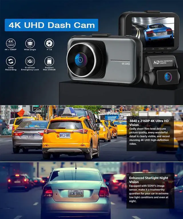 Alt view image 2 of 7 - Real 4K 5G WiFi Dual Dash Cam with WiFi GPS,2160P Car Camera with Free App,UHD 4K+1080P Driving recorder,3 Inch Car Dash Camera,24/7 Parking Mode,Night Vision,Emergency Lock,Loop Recording,G-sensor