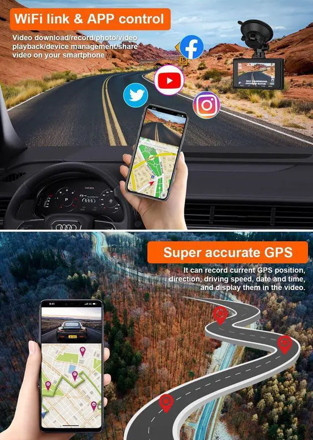 Alt view image 3 of 7 - Real 4K 5G WiFi Dual Dash Cam with WiFi GPS,2160P Car Camera with Free App,UHD 4K+1080P Driving recorder,3 Inch Car Dash Camera,24/7 Parking Mode,Night Vision,Emergency Lock,Loop Recording,G-sensor