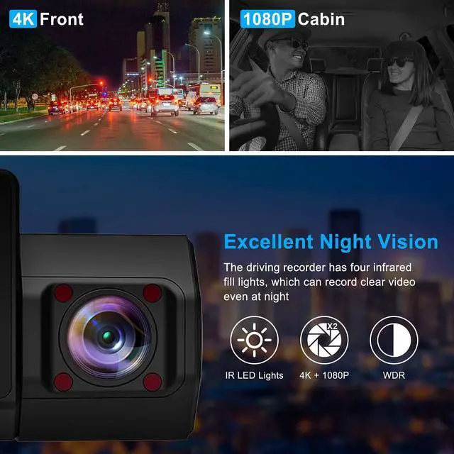 Alt view image 2 of 7 - Real 4K 5G WiFi Dual Dash Cam with WiFi GPS,2160P Car Camera with Free App,UHD 4K+1080P Driving recorder,2.45 Inch Car Dash Camera,24/7 Parking Mode,Night Vision,Loop Recording,G-sensor,Support 256GB