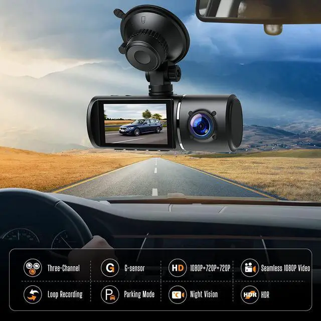 Alt view image 2 of 7 - 3 Channel Dash Cam 3 Channel 1080P+720P+720P Car Dvr Camera Driving Recorder,2.45 Inch Car Dash Camera,24/7 Parking Mode,Night Vision,Loop Recording,G-sensor,Seamless 1080P Video,HDR,Support 64GB Max