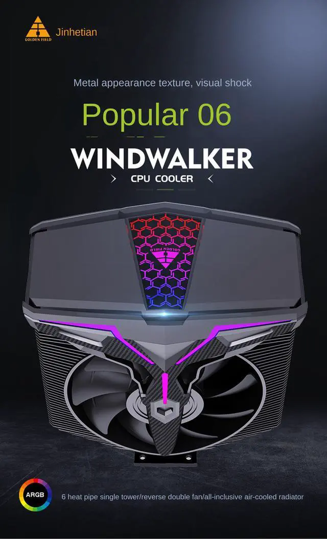 Alt view image 2 of 7 - CPU Cooler ARGB,Air Cooler,72CFM,6 Copper Heatpipes ARGB Sync PC,Reverse Double Fan,Full Package Air Cooled Radiator,Bearing System Hydraulic for AMD FM2/AM4/Intel LGA775/1366/1156X,120mm ARGB PWM Fan