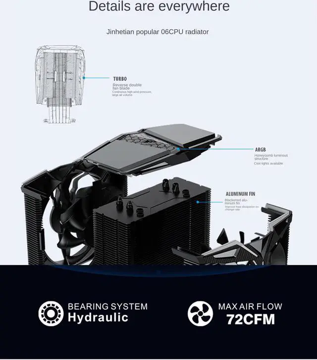 Alt view image 4 of 7 - CPU Cooler ARGB,Air Cooler,72CFM,6 Copper Heatpipes ARGB Sync PC,Reverse Double Fan,Full Package Air Cooled Radiator,Bearing System Hydraulic for AMD FM2/AM4/Intel LGA775/1366/1156X,120mm ARGB PWM Fan