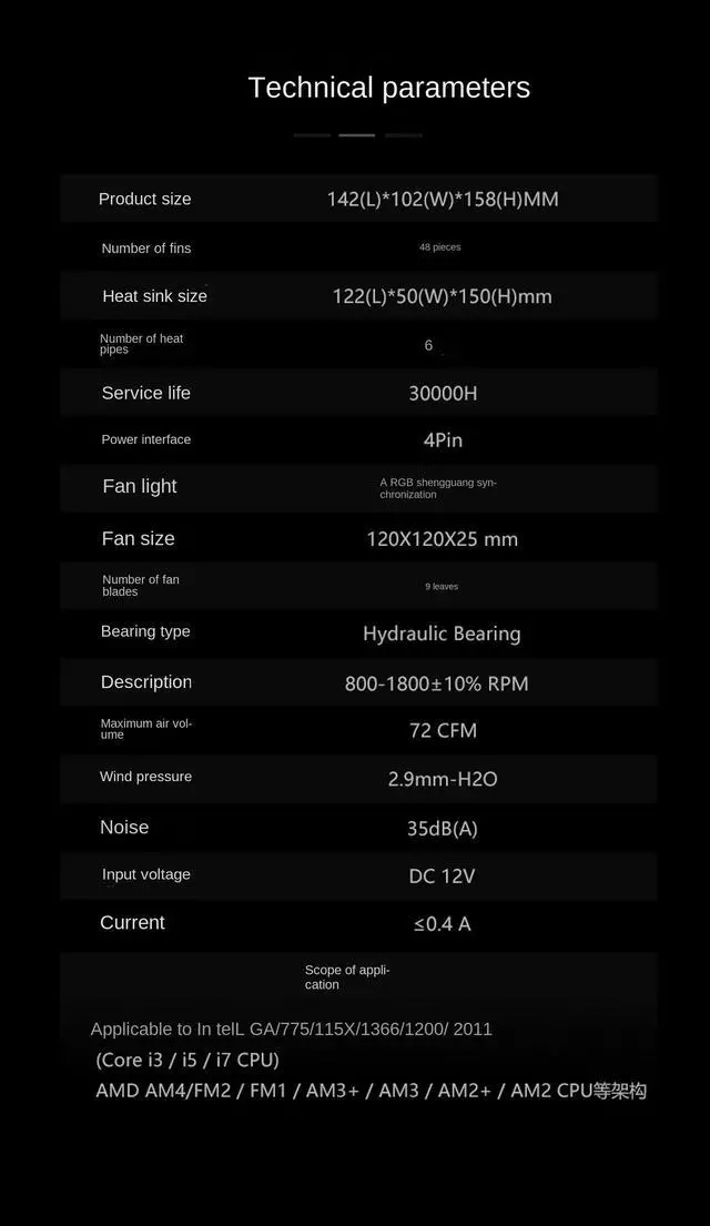 Alt view image 6 of 7 - CPU Cooler ARGB,Air Cooler,72CFM,6 Copper Heatpipes ARGB Sync PC,Reverse Double Fan,Full Package Air Cooled Radiator,Bearing System Hydraulic for AMD FM2/AM4/Intel LGA775/1366/1156X,120mm ARGB PWM Fan