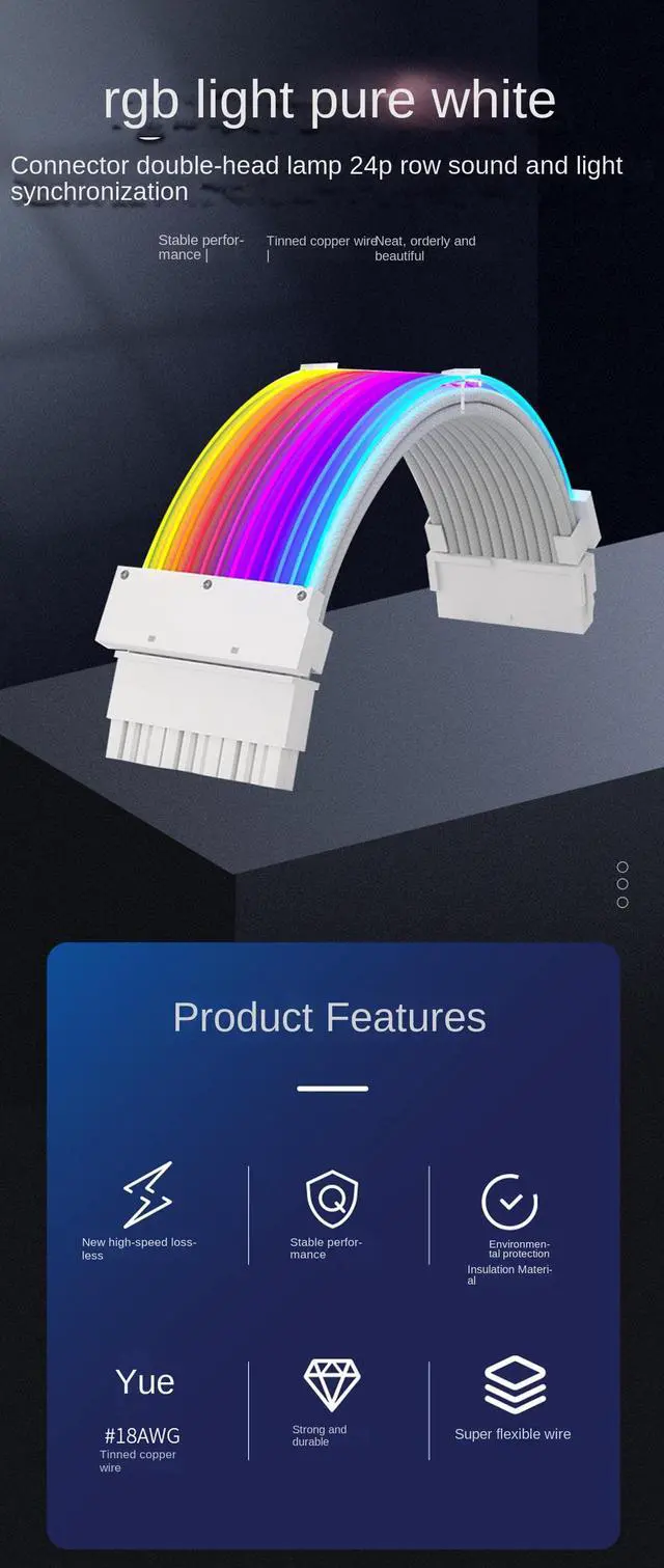 Alt view image 2 of 7 - RGB Power Extension Cable Power Luminous Cable,Power Connector Extension Cable,Dual Head Lamp 24Pin Row Acousto-Optic Synchronization,18AWG 41*0.16 Tinned Copper Wire,245mm,Arrayed Optical Fiber,Dual