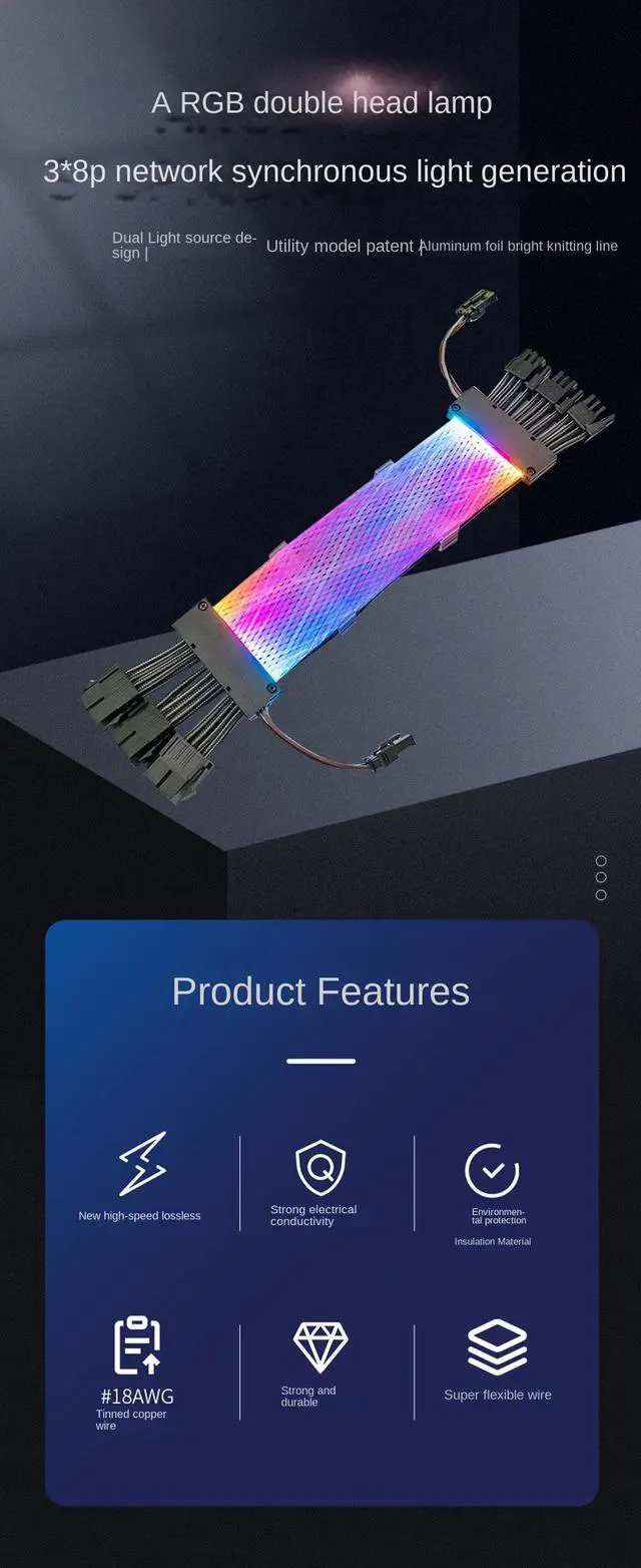 Alt view image 2 of 7 - ARGB Power Graphics Card Cable Power Extension Cable,ATX Chassis Power Connector Extension Cable,Dual Light Source 8Pin Male to Female Adapter Cable,18AWG 41 * 0.16 Tinned Wire,3*8Pin Mesh Synchronous