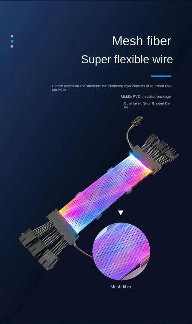 Alt view image 5 of 7 - ARGB Power Graphics Card Cable Power Extension Cable,ATX Chassis Power Connector Extension Cable,Dual Light Source 8Pin Male to Female Adapter Cable,18AWG 41 * 0.16 Tinned Wire,3*8Pin Mesh Synchronous