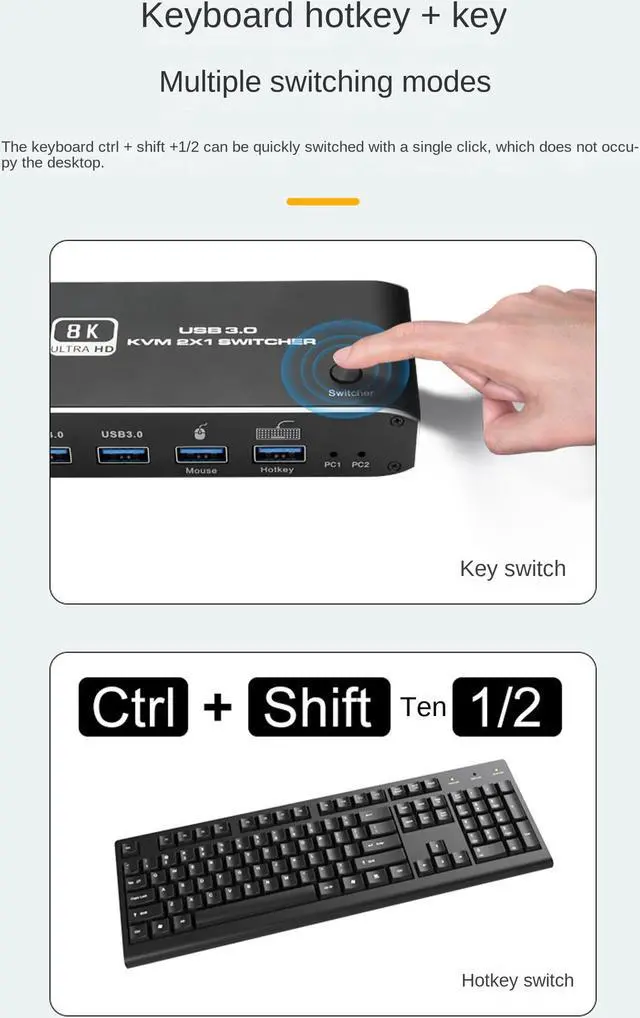 Alt view image 4 of 7 - 8K HDMI KVM Switch 8K USB KVM HDMI Switch 2x1 HDMI2.1 Ports + 4X USB3.0 KVM Ports,Share 2 Computers one Monitor Switch,Supports 8K 60Hz,4K 120Hz,YUV 4:4:4,HDCP 2.3,HDR 10,Hotkey,Darkish