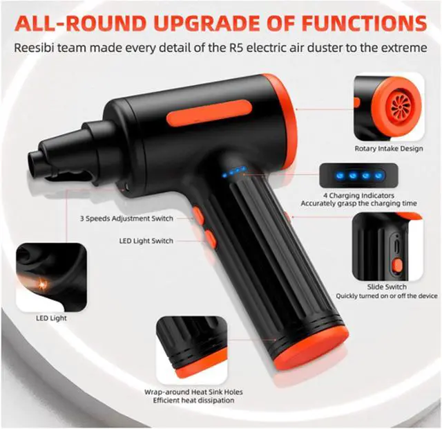 Alt view image 6 of 7 - Compressed Air Duster 90000RPM Strongest Compressed Air Blower,Cordless Air Can Duster,11KPa Airflow Electric Blower,3-Gears Speed,7500mAh Battery,90W for Computer Keyboard Electronics Cleaning,Reusab