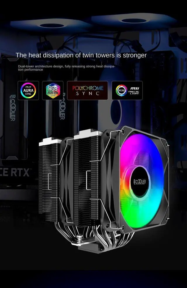 Alt view image 3 of 7 - CPU Cooler ARGB,Air Cooler,73.6CFM,6 Copper Heatpipes ARGB Sync PC Dual Tower Dual Fan,Air Cooled Radiator,FDB Dynamic Bearing for AMD AM3/AM4/ Intel LGA 1700/1200/1151/1150/1155/2011/2066,120mm ARGB