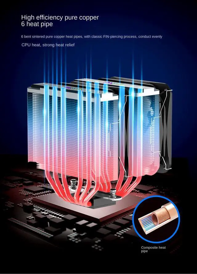 Alt view image 4 of 7 - CPU Cooler ARGB,Air Cooler,73.6CFM,6 Copper Heatpipes ARGB Sync PC Dual Tower Dual Fan,Air Cooled Radiator,FDB Dynamic Bearing for AMD AM3/AM4/ Intel LGA 1700/1200/1151/1150/1155/2011/2066,120mm ARGB