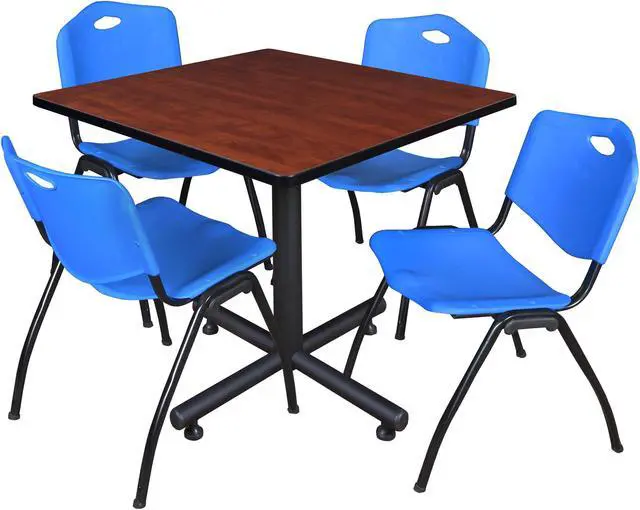 Main image of Regency Kobe 42 in. Square X-Base Breakroom Table- Cherry, 4 M Stack Chairs- Blue