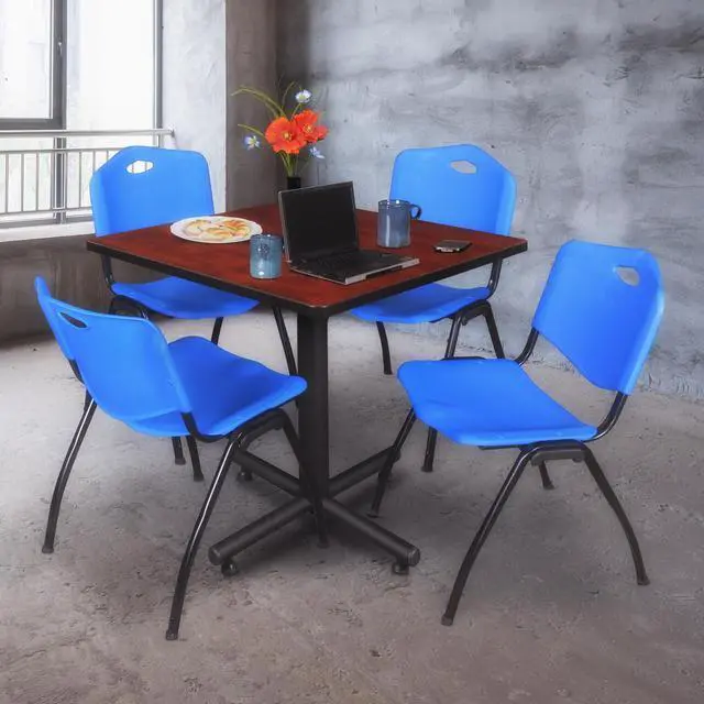 Alt view image 2 of 7 - Regency Kobe 42 in. Square X-Base Breakroom Table- Cherry, 4 M Stack Chairs- Blue