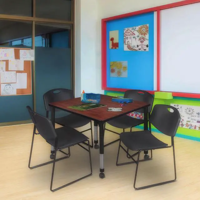 Alt view image 2 of 7 - Regency Kee 42 in. Square Mobile Adjustable Classroom Table- Cherry & 4 Zeng Stack Chairs- Black