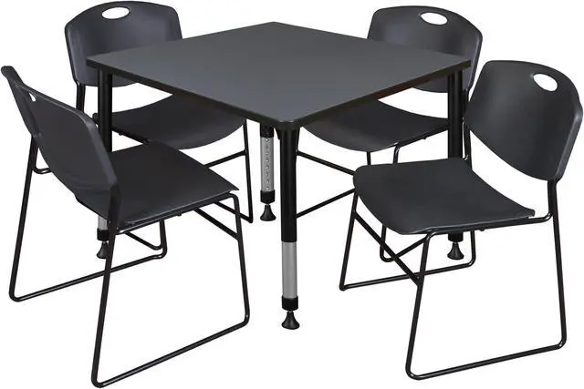 Main image of Regency Kee 42 in. Square Adjustable Classroom Table- Grey & 4 Zeng Stack Chairs- Black