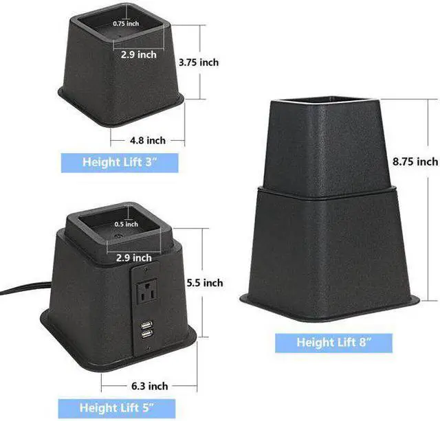 Alt view image 2 of 6 - Butizone Bed Risers with Power Outlet and USB Ports, Adjustable Heavy Duty Furniture Riser Bed Lifts for Bed, Sofa and Table Set of 4, Black