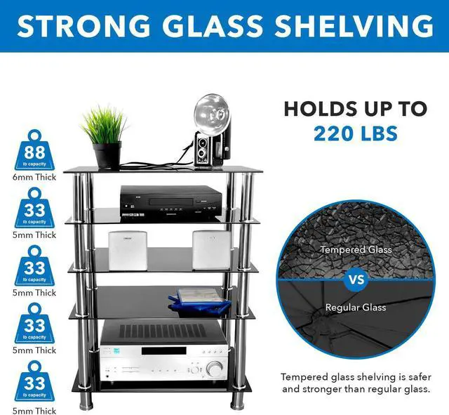 Alt view image 3 of 7 - Mount-It! Tempered Glass AV Component Media Stand, Audio Tower and Media Center with 5 Shelves, 220 Lbs Total Capacity, Black Shelves Chrome Legs (MI-8671)
