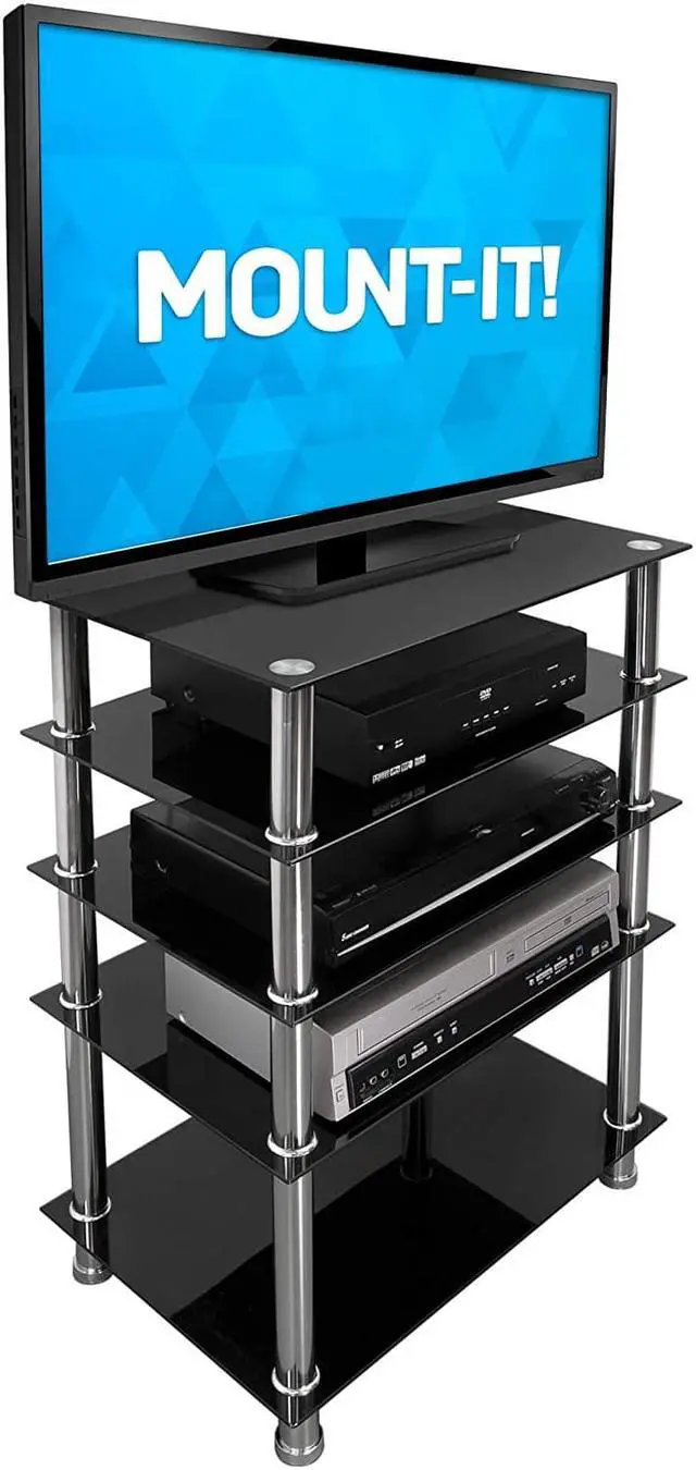 Alt view image 7 of 7 - Mount-It! Tempered Glass AV Component Media Stand, Audio Tower and Media Center with 5 Shelves, 220 Lbs Total Capacity, Black Shelves Chrome Legs (MI-8671)