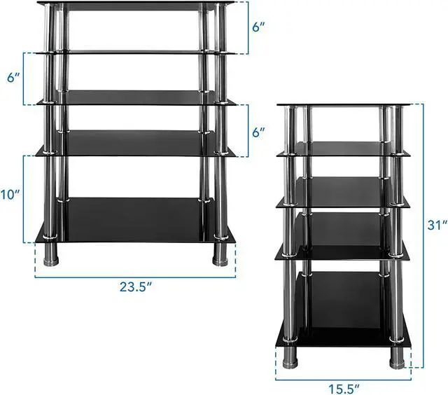 Alt view image 6 of 7 - Mount-It! Tempered Glass AV Component Media Stand, Audio Tower and Media Center with 5 Shelves, 220 Lbs Total Capacity, Black Shelves Chrome Legs (MI-8671)