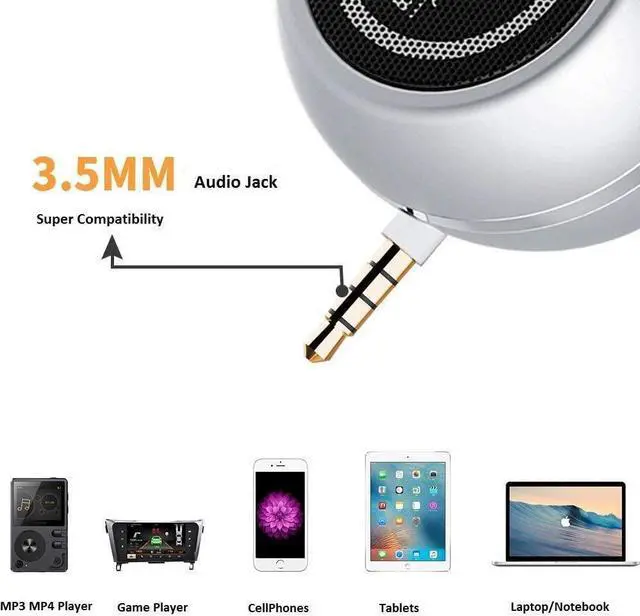 Main image of Mini Speaker with 3.5mm Aux Input Jack, 3W Loud Portable Speaker for iPhone iPod iPad Cellphone Tablet Laptop, with USB Rechargeable Battery, Gift Choice for Kids, Silver